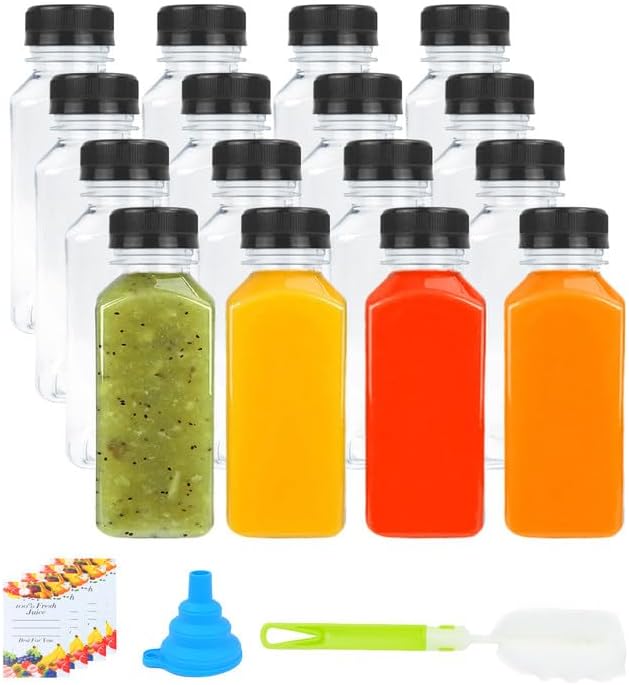 FYKERO 16 Pack 8oz/250ml Plastic Juice Bottles Reusable Mini Shot