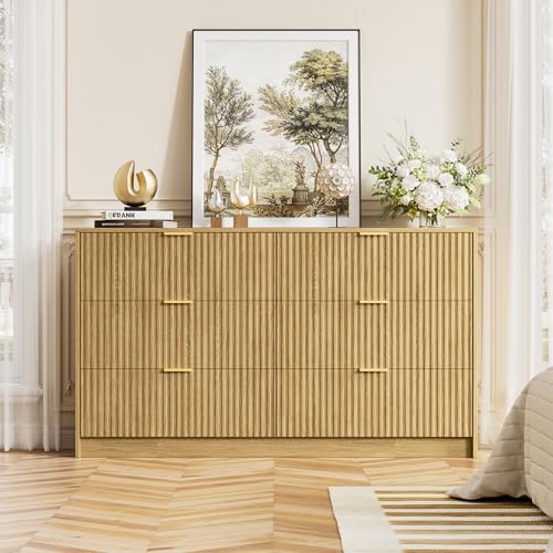 Image of Furniway Mid Century Modern Dresser for Bedroom, 6 Drawer Wood Dresser with Fluted Front, 55.1 inch Wide Chest of Drawers for Living Room, Hallway, Natural Oak