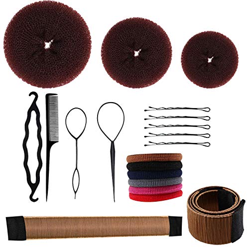Luxtrip Hair Bun Maker Set,3 pcs Bun Maker Magic Hair Styling Tool,10 Pieces Elastic Hair Ties,2 Pieces French Magic Twist Hairstyle Clip,36 Pieces Hair Bobby Pins,4 Pieces Ponytail Hair Tool