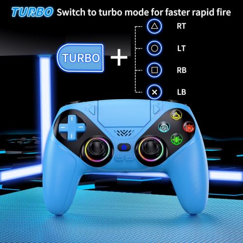 Image of Gamrombo LED Wireless Controller for PS5, Compatible with PS5 Pro /Slim /PC, Dual Vibration, Macro /Turbo Function, 3.5mm Audio Jack, 6-Axis Motion Control Gamepad with Speaker(Azure)