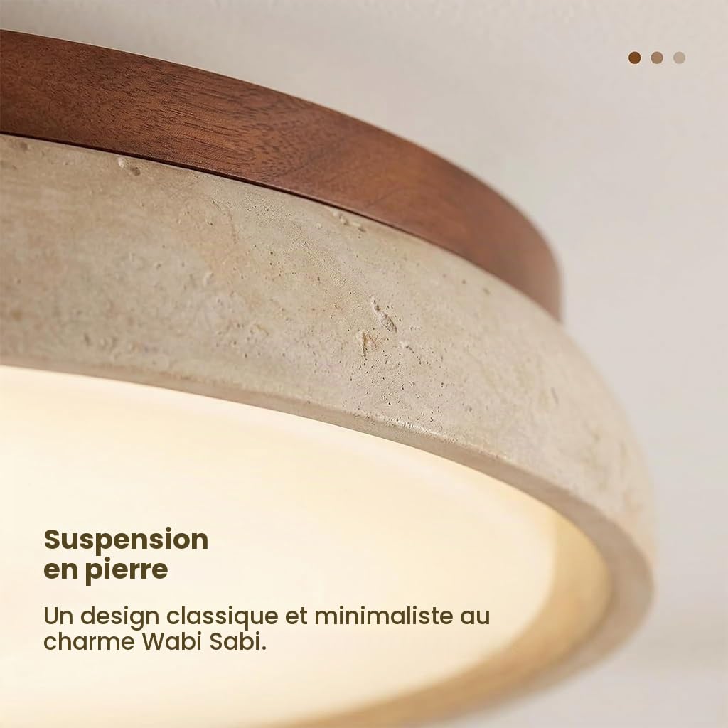 Plafonnier LED Moderne Variateur D'intensité Lampe De Plafond Travertin Jaune Pierre Naturelle Structure Bois Luminaire Plafond Intérieur Style Wabi-Sabi Vintage Pour Chambre À Coucher(43cm)