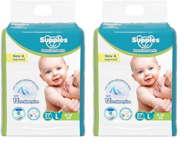 Amazon Brand - Supples Premium Diapers, Large (L), 27 Count, 9-14 Kg, 12 hrs Absorption Baby Diaper Pants (Pack of 2)