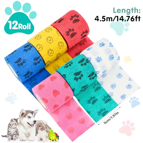 WuGU 12 Rollen Selbstklebender Verband, Selbsthaftende Bandage Tierverband Selbstklebend Hund Vet Wrap Pet, aftbandage Selbstklebend für Finger Handgelenk,Knie und Schwellungen(12 Farben 5 cm x 4,5 m)