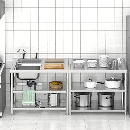 Freistehende Edelstahl Spültisch Gastro 1 Becken (Links), 100×50×94 cm Gewerbliche Spülbecken mit Wasserhahn mit Kalt und Warmwasserschläuchen, Ablassvorrichtung, für Außen, Innen, Küche, Restaurant