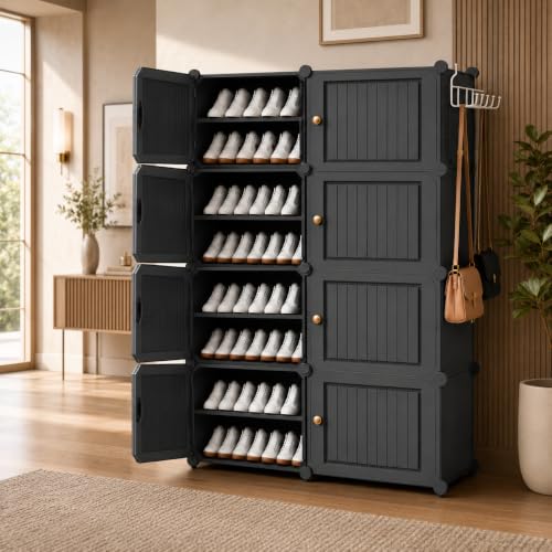 Image of Mevigo 16-Tier Shoe Rack with 8-Doors|Holds 16-Pairs |Waterproof & Dustproof Modular Plastic Shoe Cabinet|Foldable Stackable Shoe Organizer with MetalFrame |Space Saving Storage (Grey-HB2
