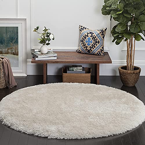 Image of Premium Round Shaggy Carpet Plain Fur Rugs Hall and Drawing Room 8x8 Feet Microfiber & Polyster Modern Interior Floor Mat Ivory