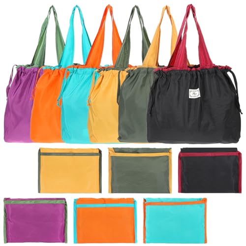 Caeuiciw 6 Pcs Reusable Shopping Bags, Foldable Grocery Bags with Handles, Lightweight Tote Bag Fits in Pocket, Washable Beach Bag for Kitchen Travel Shopping, 17.3 x 3.9 x 16.5in