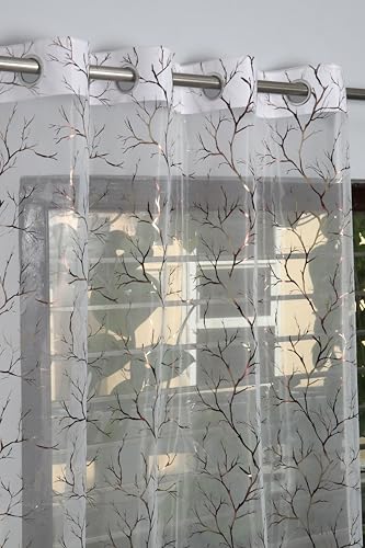 Image of littlelotus Tree Print Tissue Net Sheer Transparent Grommet Curtains for Door 7 feet Long Set of 2, White