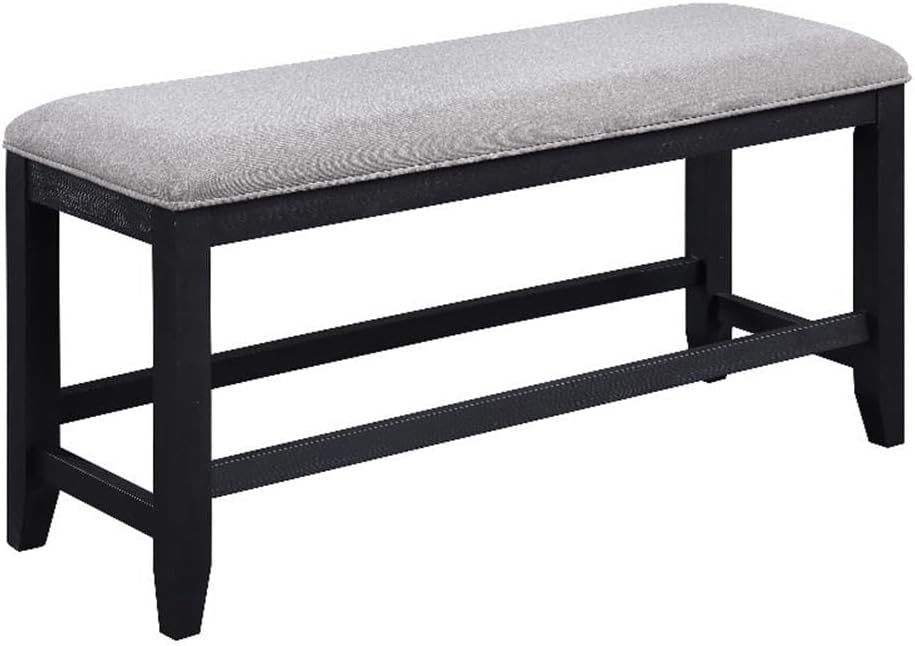 Pemberly Row Transitional Wood Counter Bench, 47" W x 17" D x 24" H, Rubberwood Frame, Rubbed Charcoal Finish, Gray Upholstery, Cushioned Seat, Modern Kitchen or Dining Room Seating