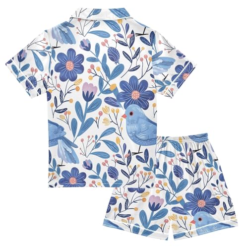 Blue Floral Bird Pajamas Set Summer Button Down Sleepwear Pjs Sets Comfy Loungewear2