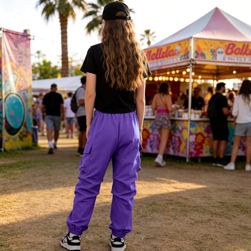 G.COW Kids Girls 2 Piece Outfits Size 8-12Y, Purple Cargo Pants & Cartoon Print Short Sleeve Top Set with Pearl Beading, Streetwear Casual Set — view 4