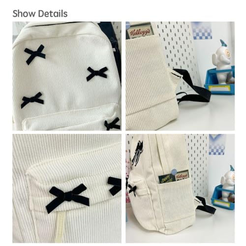JHTPSLR Coquette Corduroy Backpack Bowknot Balletcore Aesthetic Backpack Cute Preppy Backpack Laptop Backpack Mochilas (White)2