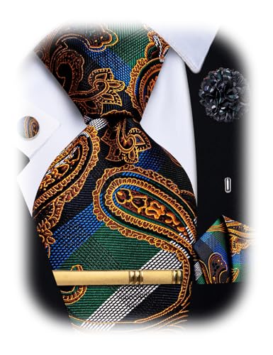 Image of YourTies Silk Paisley Floral Tie and Pocket Square Cufflinks with Lapel Pin Sets for Men 5PC Wedding Party