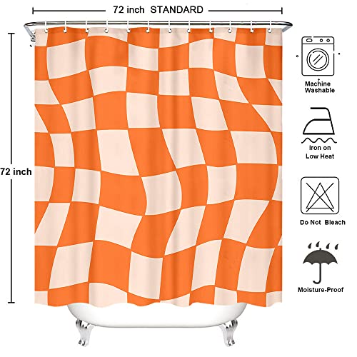 Retro Shower Curtain 70S Shower Curtain Checkered Shower Curtain 72Wx72L Inch Orange Vintage Shower Curtain 60S Groovy Plaid Aesthetic Funky Flag Hippie Abstract Grid Waterproof Fabric 12 Hooks #TOP5