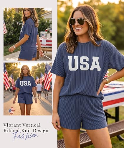 Image of MARZXIN Women 2 Piece Shorts Set 2026 Casual Summer Cruise Outfits Ribbed Loose Short Sleeve Pocket Matching Lounge Sets