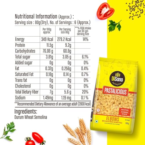 Image of DiSano Elbow Pasta 400 gm (Pack of 2), Healthy Pasta, Made with 100% Durum Wheat Semolina, 100% Suji, No Maida, Source of Protein & Fibre, Non-Sticky