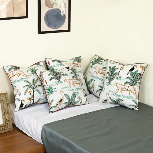 Image of White Cushion Covers 16 inch x 16 inch Set of 5 Printed Decorative Pillow Cushion Covers Jungle Printed Throw Pillow Covers 40x40 Cm Pack of 5