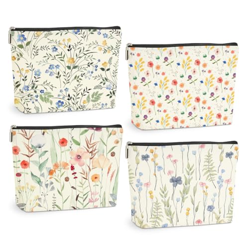 4 Pcs Watercolor Wildflower Makeup Bag, Botanical Cosmetic Bag Plant Lover Friendship Gifts for Women Sister Bestie Mom Friend Thanksgiving Christmas Birthday Gifts Travel Toiletry Bag Accessories