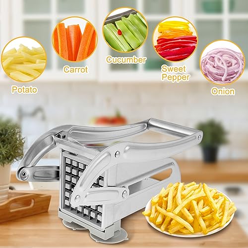 Foto von BUTORY Pommes Frites Schneider Edelstahl Pommesschneider mit 2 Schneideeinsätzen Gemüseschneider mit Rutschfester Gummifuß Kartoffelpresse für Obst, Gemüse spülmaschinenfest