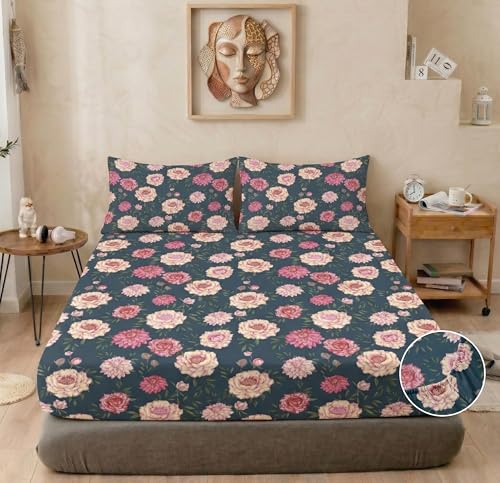 Image of VAS COLLECTIONS Cloud Cotton Corner Elastic Fitted Double Bedsheet Set (78 x 72 + 8 Inches) with 2 Pillow Covers | 160-180 TC Soft Breathable Cotton Fitted Sheet | Bed Sheet (Midnight Bloom)