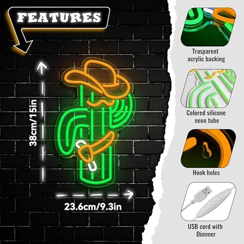 Image of VIKLIU Cactus Neon Sign Cowboy Hat Cactus Neon Signs Dimmable Led Neon Signs for Wall Decor,Bedroom,Game Room,Living Room,Man Cave Kids Room Home Bar Party Shop Gift, Green,Yellow,White