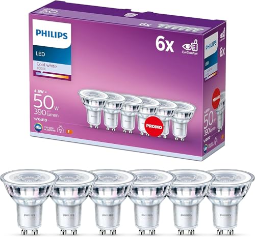 Philips LED Classic 6 Pack [GU10 Spot] 4.6W - 50W Equivalent, 220 - 240V, Cool White 4000K (Non-Dimmable)