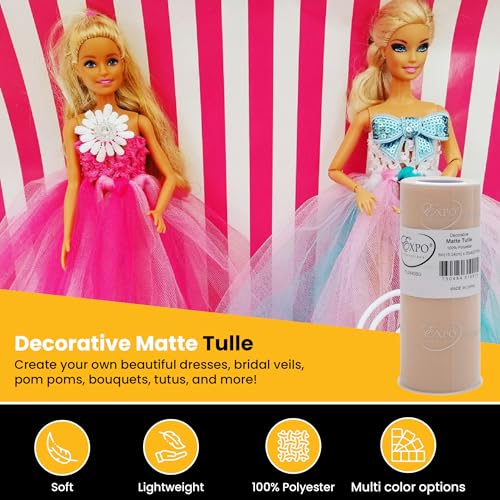 Image of Expo International Decorative Matte Tulle, Roll /Spool of 6 Inch x 25 Yards (Pack of 1), Polyester-Made Tulle Fabric, Matte Finish, Lightweight, Versatile, Washable, Easy-to-Use, Beige