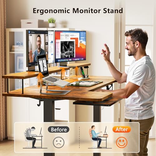 Image of OffiGo U Shaped Electric Standing Desk with Keyboard Tray, 55 Inch Height Adjustable Desk with Power Outlets & LED Lights, Sit Stand Table with Monitor Stand for Home, Office, Rustic Brown