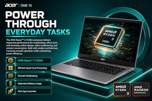 Image of Acer One 15 Smart Laptop AO15-41M-G2 | AMD Ryzen 3 7320U | AMD Radeon 610M Graphics | 8GB LPDDR5 RAM | 256GB NVMe SSD | 15.6 inch FHD Display | Windows 11 Home | Silver