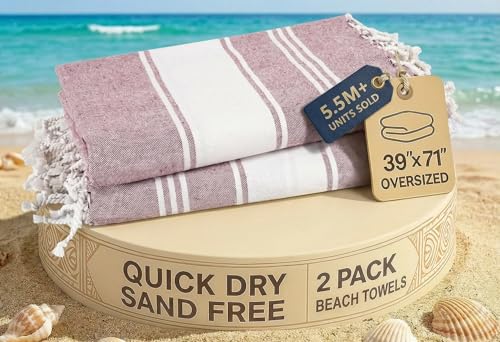LANE LINEN Turkish Beach Towels, 2 Pack Extra Large Beach Towel, Pre-Washed for Soft Feel, Cotton Rich Oversized Sand Free Quick-Dry Pool Towel, Beach Towels For Adults, 39"x71" - Wistful Mauve