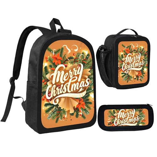 Christmas Bells Christmas Tree 3 Pcs 17 Inches Backpack Set with Insulated Lunch Bag And Pencil Pouch Large Back Pack for Men Women Lunchbox Pencil Case Waterproof Backpacks Lunch Box 3 Piece Daypacks