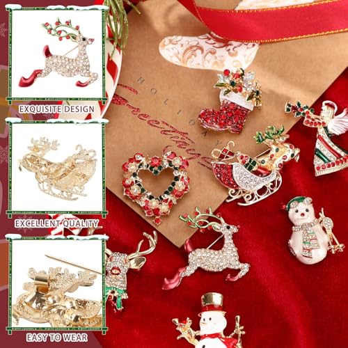 Image of 12 Pcs Christmas Pins and Brooches for Women | Rhinestone Crystal Brooches, Sparkling Christmas Jewelry Gift for Women, Holiday Party Ladies Accessories