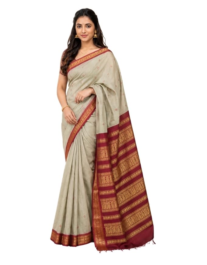Image of Pure Kalyani Cotton Saree | Zari Border & Blouse Piece - Lata Gadwal Design | Traditional Saree