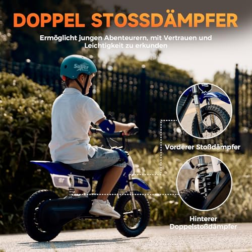 Elektro Motorrad Kinder, Elektromotorrad mit 36V 5.2Ah Batterie, 8/13/25 KMH Geschwindigkeitsmodus, 22 km Reichweite, 12 Zoll Luftreifen, LED, doppelte Stoßdämpfung, Motorrad für 3–10-Jährige – Bild 4