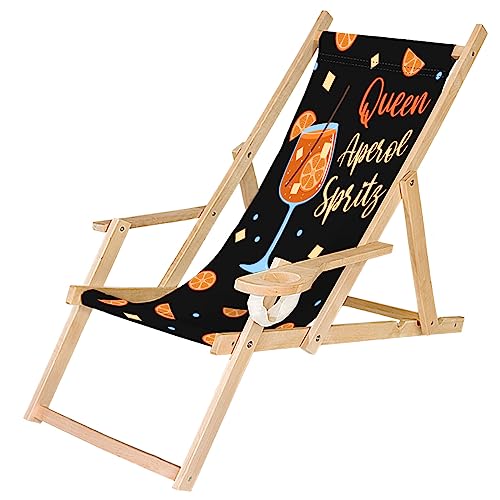 Ferocity Holz-Liegestuhl Klappbar Klappliegestuhl mit Armlehne und Getränkehalter Strandstuhl Motiv Bedrucken Queen Spritz [119]