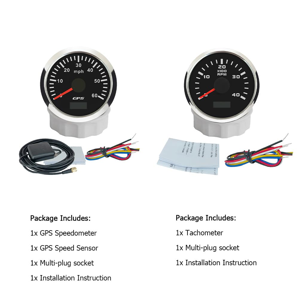 ELING Velocímetro GPS de 52 mm 0 – 60 MPH con 4000 rpm tacómetro velocímetro con contador de horas de funcionamiento retroiluminado 12 V 24 V para excavadora de barcos