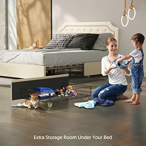 Bonsoir Queen Size Storage Bed Frame Upholstered Low Profile Traditional Platform With Tufted And Nail Headboard/No Box Spring Needed/4 Pull Out Drawers/Cream Color Linen Fabric (Queen Size) #TOP3