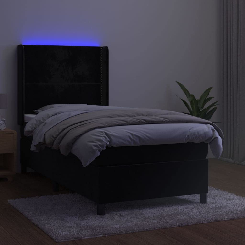 aksamitna tapicerka z regulowanym zagłówkiem LED 90x190 cm czarny | Lóżko kontynentalne 90x190 cm z materacem kieszeniowym LED czarny aksamit z regulowanym zagłówkiem do sypialni