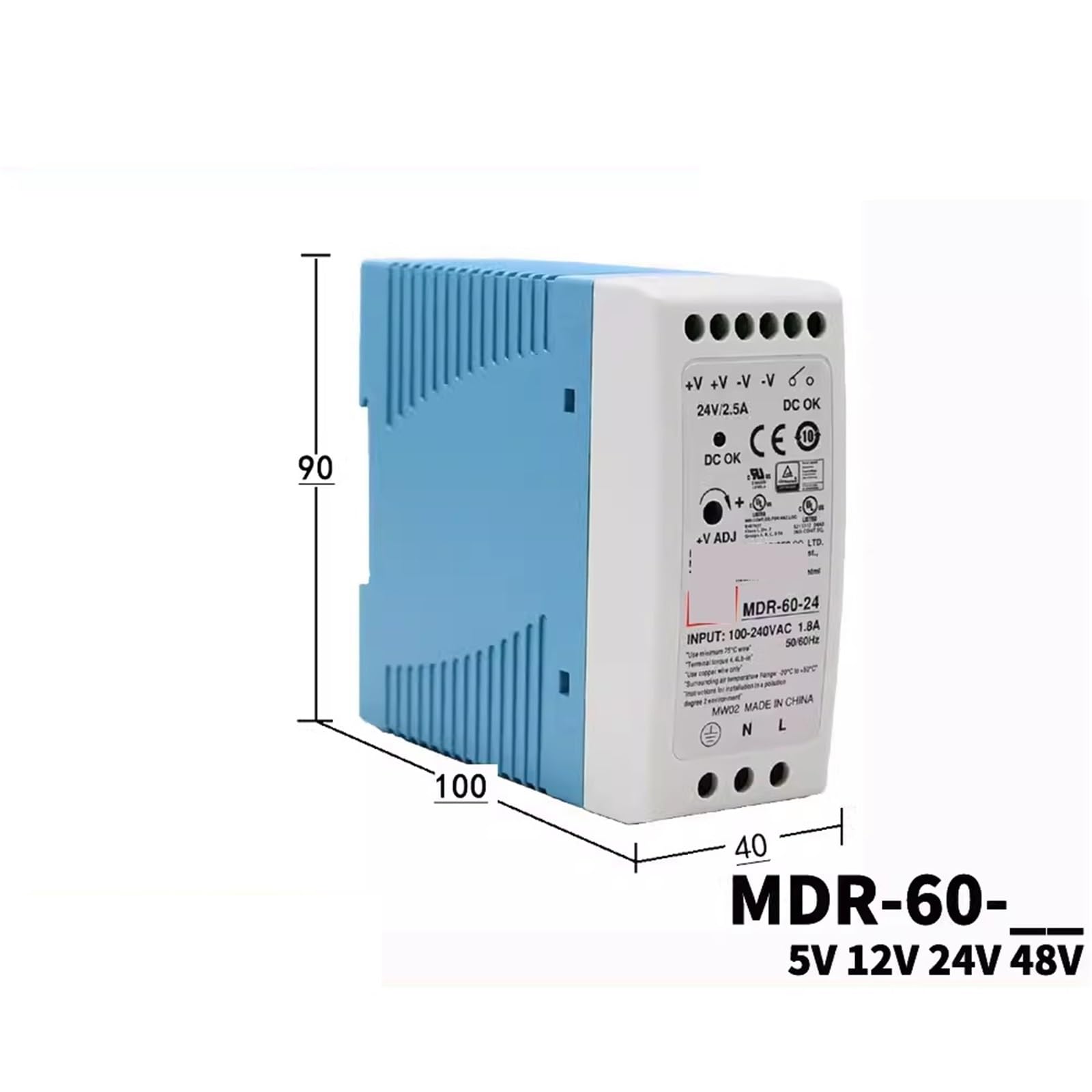 1 unité MDR-60 MDR-60-5V 10A MDR-60-12V 5A MDR-60-24V 2.5A MDR-60-48V 1.25A Source d'alimentation à découpage type rail de 60 W (MDR-60-48V 1.25A)