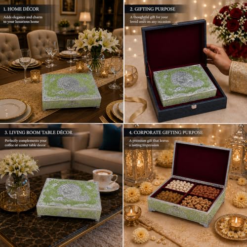 Image of Diviniti Decorative Silver Embossed Dry Fruit Box with 4 Compartments | Premium Green Decorative Gift Box for Dry Fruits, Nuts, Chocolates & Sweets | Elegant Home Decor & Festive Gift Storage Box
