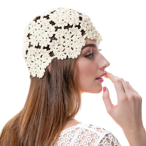 Crochet Beanie, Knitted Hat, Crochet Hat, Knitted Hats Knit, Summer Embroidered Headband Cutout Floral Beanie Hats Skull Cap Bandana for Women - Main Image