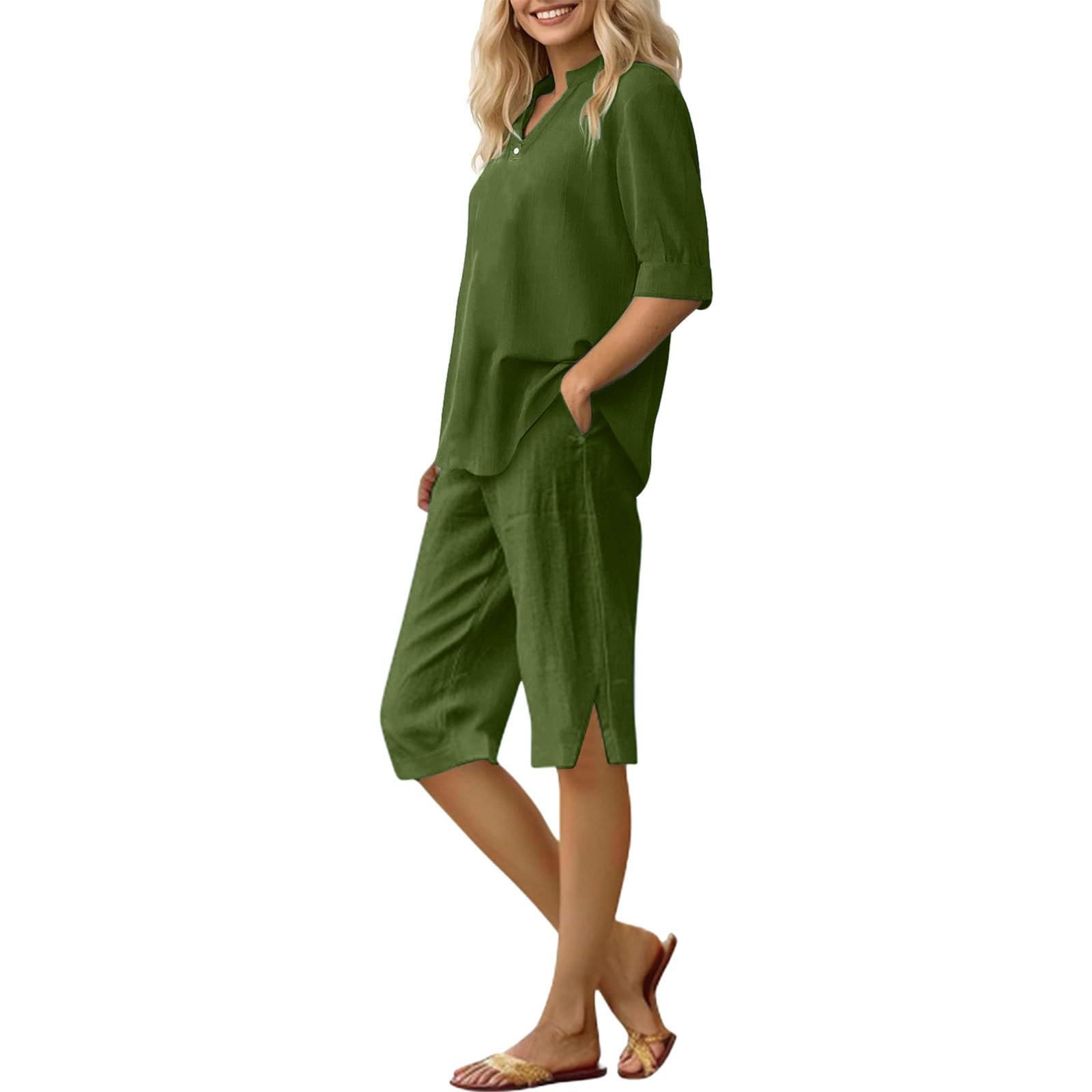 Generico Completo Estivo da Donna, Set con Top Maniche Corte Botone su Camicie a Scollo a V e Bermuda Pantaloncini 2 Pezzi Tuta per le Vacanze