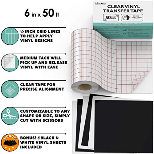 Kassa Vinyl Sheets & Transfer Tape Bundle - Clear Transfer Paper (50 Feet) & Permanent Adhesive, Set Of 15 Black Vinyl & A Pack Of 15 White Vinyl (12X12 Inches) #TOP5
