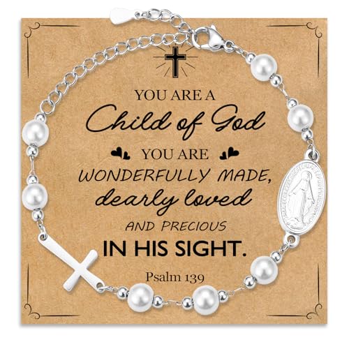 Pearl Cross Charm Bracelet for Girls, Baptism First Holy Communion Confirmation Easter Gifts for Teens Girls Kids, Catholic Religious Christian Jewelry for Goddaughter