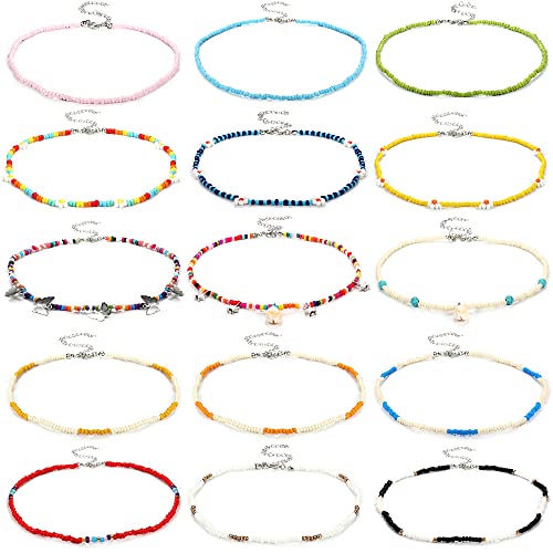 Kakonia - 15 gargantillas con cuentas para mujer, conjunto de collar con cuentas de semillas bohemias, gargantilla de cuentas pequeñas, collar de cuentas ajustable Y2K para regalo Cover