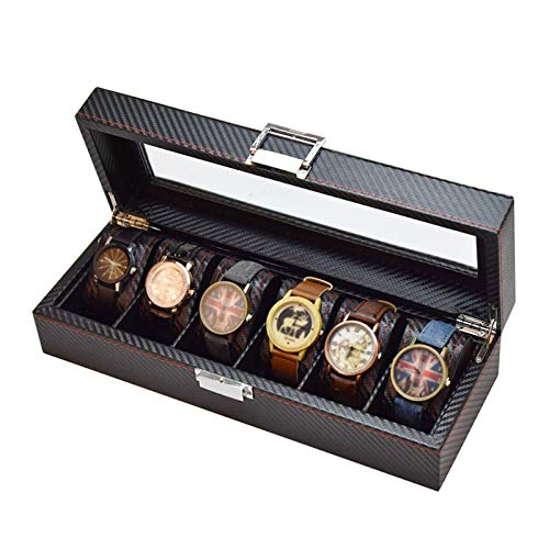 Watch Storage Box 6 Slots Watch Display Holder Case Leather Carbon Fiber Jewelry Bracelet Collection Organiser with Glass Lid