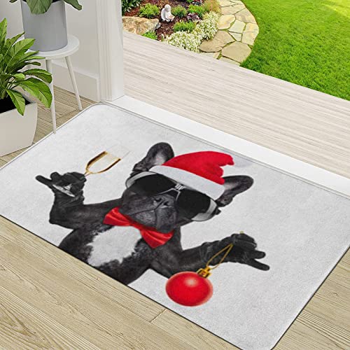 Zerbino Ingresso,Cane bulldog francese di Babbo Natale che tosta brindisi natalizi con bicchiere di champa,Antiscivolo Assorbente Resistente allo sporco Tappeto Cucina Tappeto Tappeto Entrata Zerbino