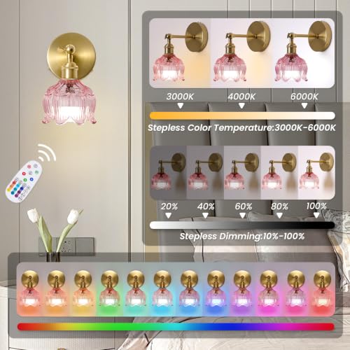 Image of Vintage Battery Operated Wall Sconce: Set of 2 Rechargeable Pink Sconce | 5000mAh Flower Glass Cordless Mounted Lighting, Wireless Dimmable Powered Light, Remote Control, Bedroom Bedside Indoor Decor