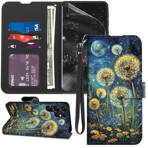 for Samsung Galaxy S23 Ultra Case Wallet with Screen Protector, Stand PU Leather Flip Folio Cover with Card Holder, Full-Body Protection Phone Case for Samsung S23 Ultra, Dandelion Flowers