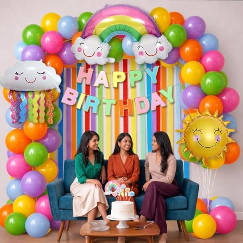 Image of Party Propz Rainbow Birthday Decoration Kit - 83 Pcs Birthday Decoration Items with Rainbow Cake Toppers, Foil Balloons, Balloons for Decoration, Crepe Paper and Jumbo Birthday Banner (Latex, Foil)